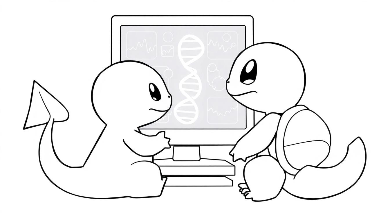 Kleurplaat van twee schattige dierenfiguren die samen een computer onderzoeken met een DNA-streng op het scherm.