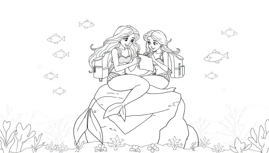 Zwart-wit kleurplaat van twee zeemeerminnen met rugzakken op een rots in een onderwaterwereld, omringd door vissen en koralen.