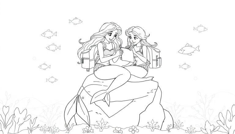 Zwart-wit kleurplaat van twee zeemeerminnen met rugzakken op een rots in een onderwaterwereld, omringd door vissen en koralen.