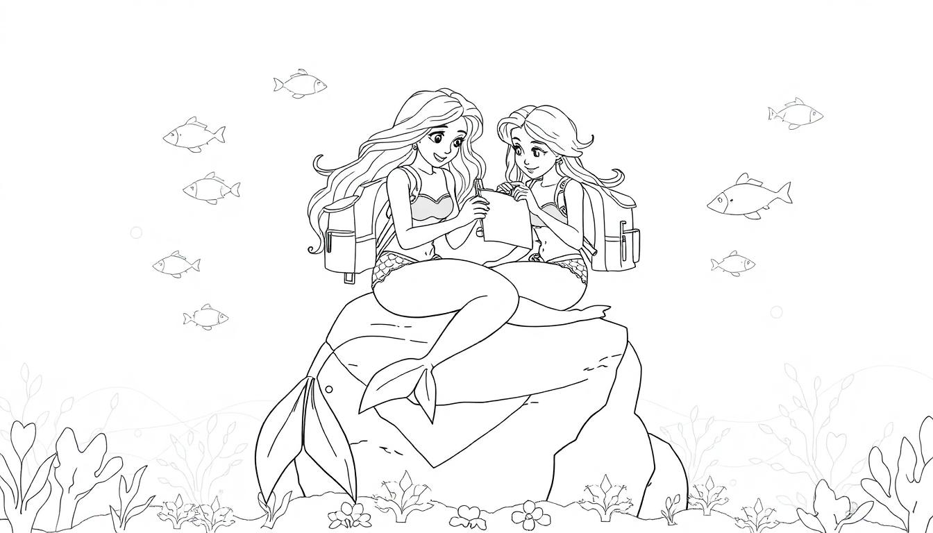 Zwart-wit kleurplaat van twee zeemeerminnen met rugzakken op een rots in een onderwaterwereld, omringd door vissen en koralen.