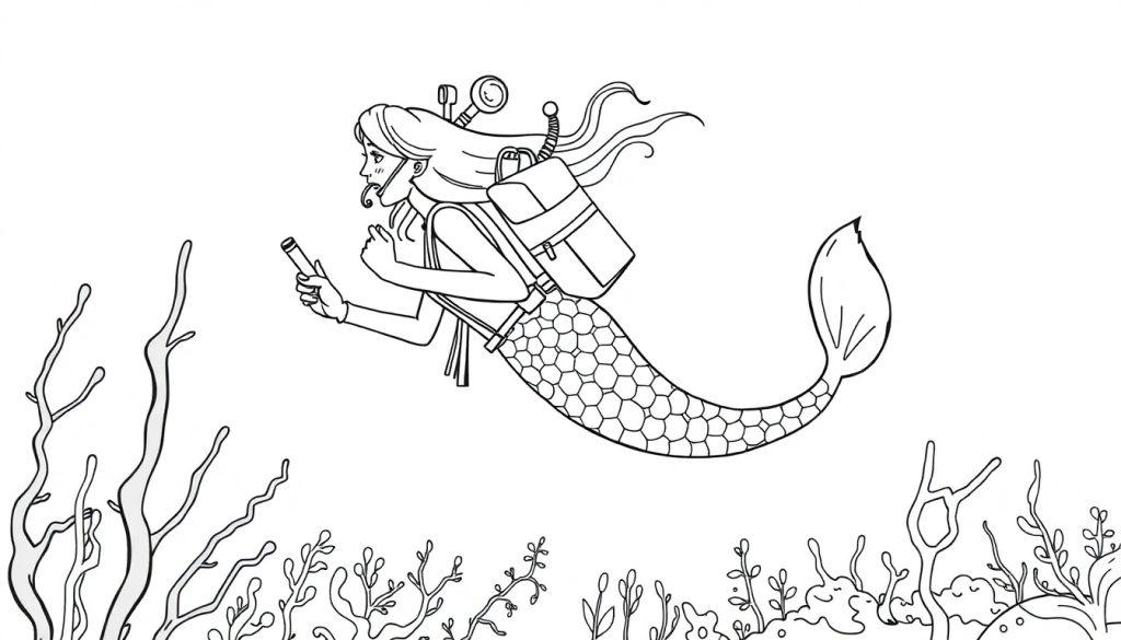 Een kleurplaat van een zeemeermin die met een rugzak en apparatuur onder water zwemt en een apparaat vasthoudt.