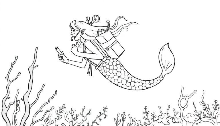 Een kleurplaat van een zeemeermin die met een rugzak en apparatuur onder water zwemt en een apparaat vasthoudt.