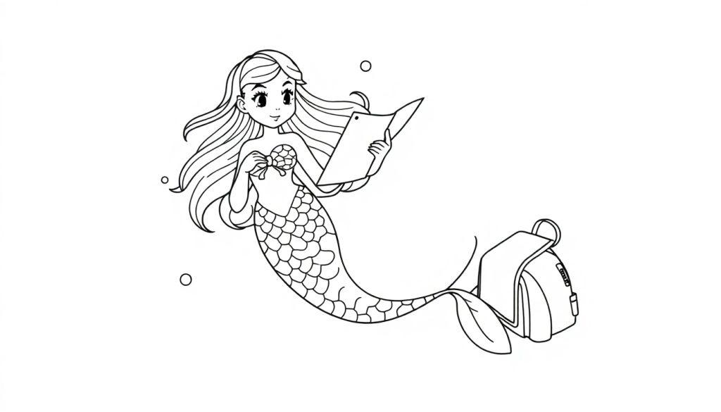 Zwart-wit tekening van een zeemeermin met golvend haar en schubbenstaart. Ze houdt een kaart en een klein object vast, met een rugzak naast haar onder water.