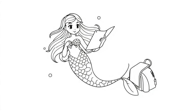 Zwart-wit tekening van een zeemeermin met golvend haar en schubbenstaart. Ze houdt een kaart en een klein object vast, met een rugzak naast haar onder water.