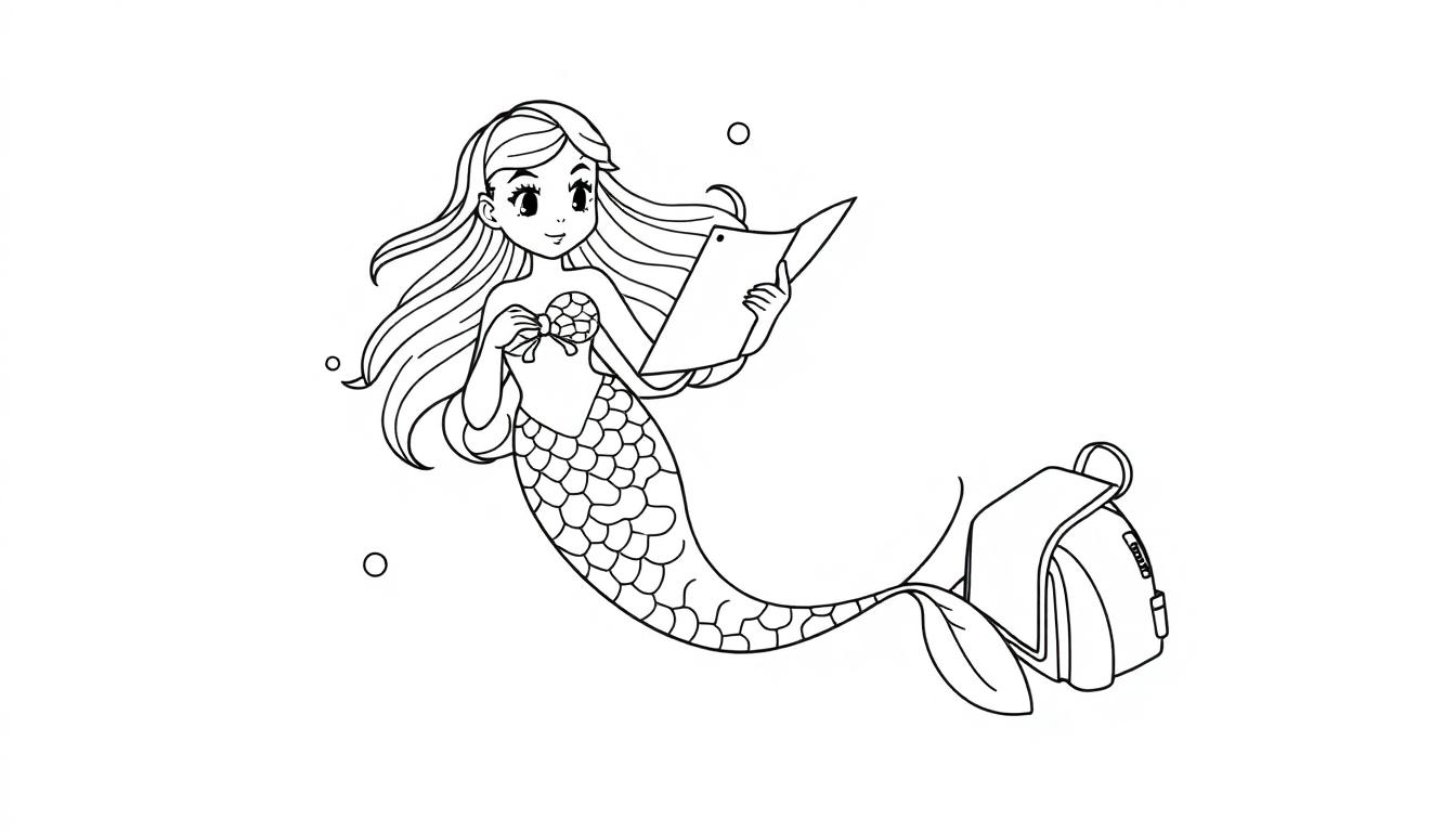 Zwart-wit tekening van een zeemeermin met golvend haar en schubbenstaart. Ze houdt een kaart en een klein object vast, met een rugzak naast haar onder water.