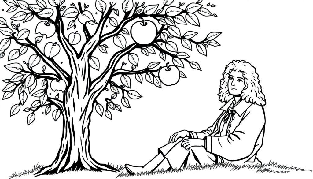 Kleurplaat van Isaac Newton die onder een appelboom zit met appels aan de takken, terwijl hij leunt tegen de boomstam.