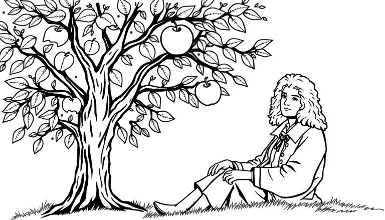 Kleurplaat van Isaac Newton die onder een appelboom zit met appels aan de takken, terwijl hij leunt tegen de boomstam.