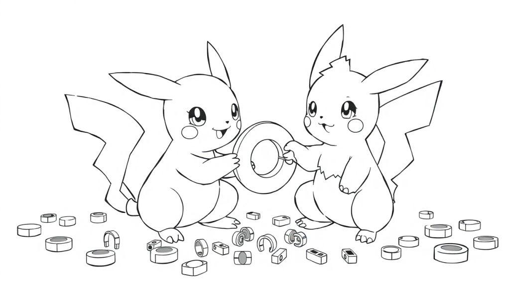 Een zwart-witte kleurplaat van twee schattige Pokémon die samen met magneten experimenteren en een rond object onderzoeken, omringd door kleine onderdelen.