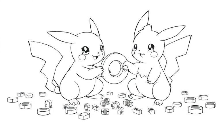Een zwart-witte kleurplaat van twee schattige Pokémon die samen met magneten experimenteren en een rond object onderzoeken, omringd door kleine onderdelen.