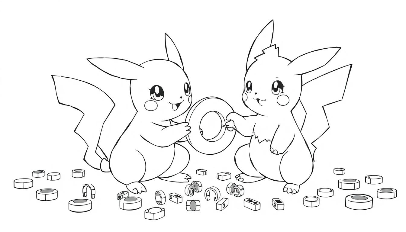 Een zwart-witte kleurplaat van twee schattige Pokémon die samen met magneten experimenteren en een rond object onderzoeken, omringd door kleine onderdelen.