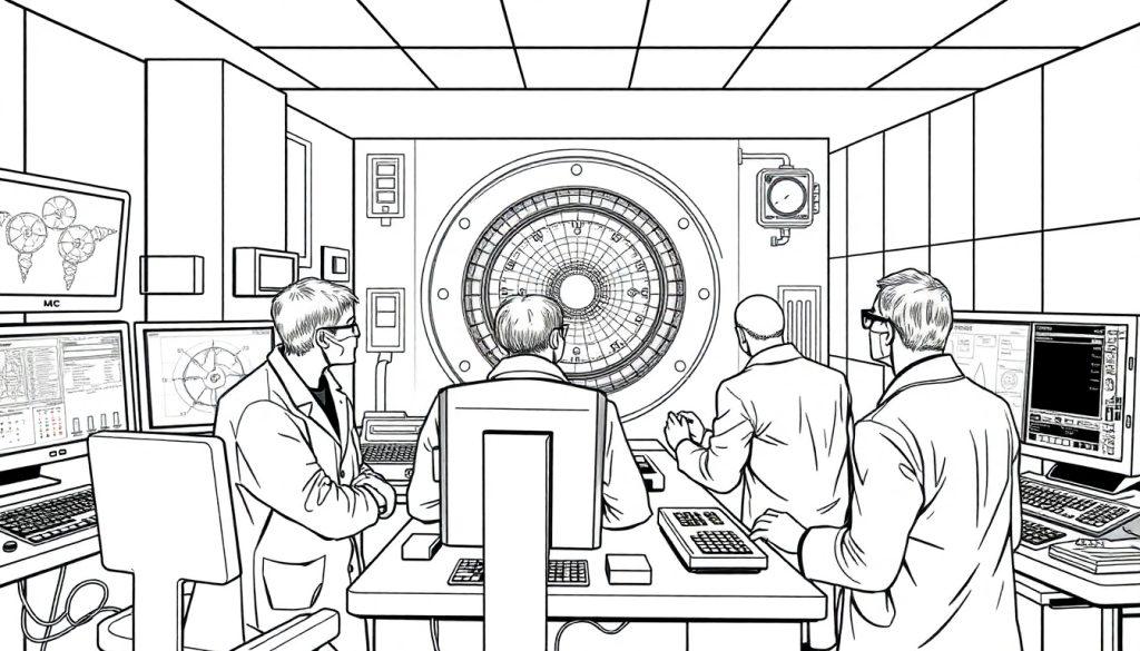 Kleurplaat van een zwart-wit tekening: wetenschappers in een controlekamer kijken naar een groot, rond apparaat.
