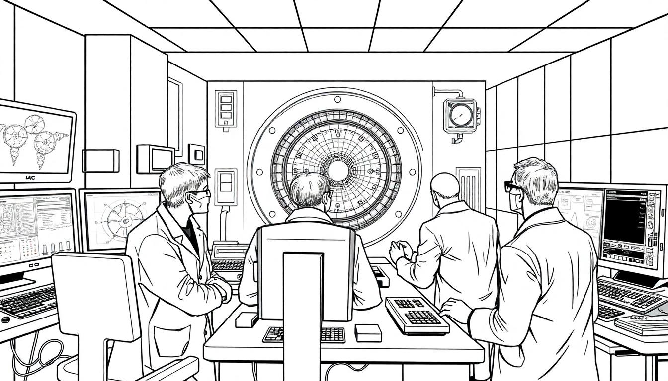 Kleurplaat van een zwart-wit tekening: wetenschappers in een controlekamer kijken naar een groot, rond apparaat.
