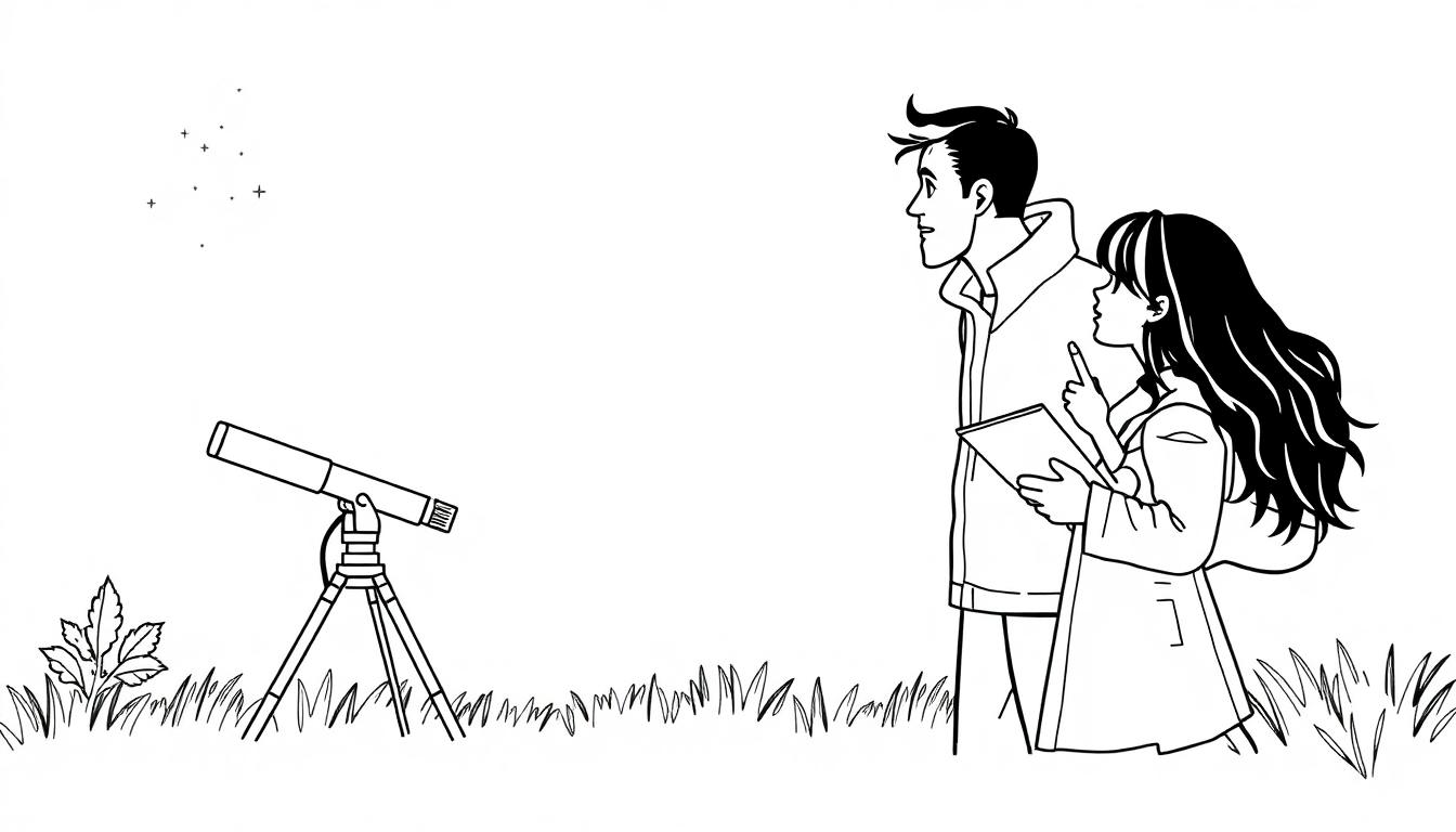Kleurplaat van een man en vrouw die sterren kijken naast een telescoop.