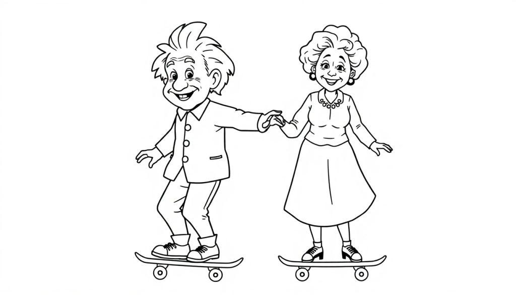 Kleurplaat: Twee vrolijke mensen skateboarden samen, een oudere man en vrouw houden elkaars hand vast.