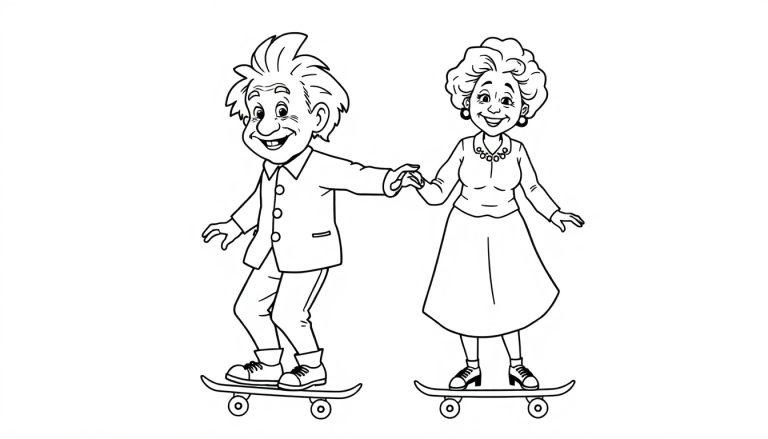 Kleurplaat: Twee vrolijke mensen skateboarden samen, een oudere man en vrouw houden elkaars hand vast.