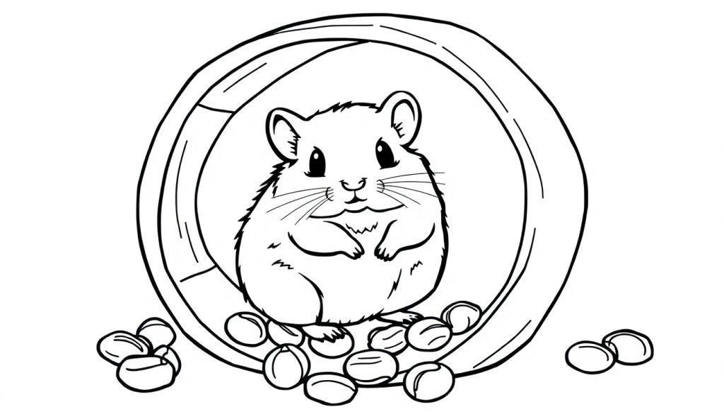Een kleurplaat van een hamster in een wiel met nootjes eromheen.