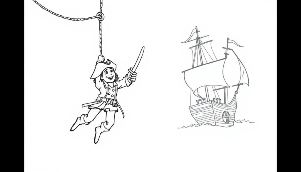 Een vrolijke piraat aan een touw met een groot zeilschip op de achtergrond - kleurplaat.