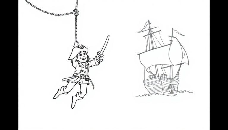 Een vrolijke piraat aan een touw met een groot zeilschip op de achtergrond - kleurplaat.