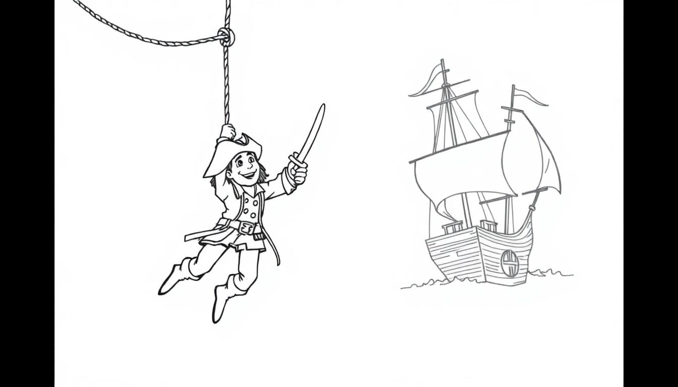 Een vrolijke piraat aan een touw met een groot zeilschip op de achtergrond - kleurplaat.