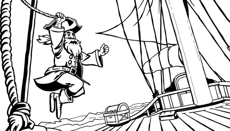 Kleurplaat van een piraat die aan een touw slingert om op een schip te landen.
