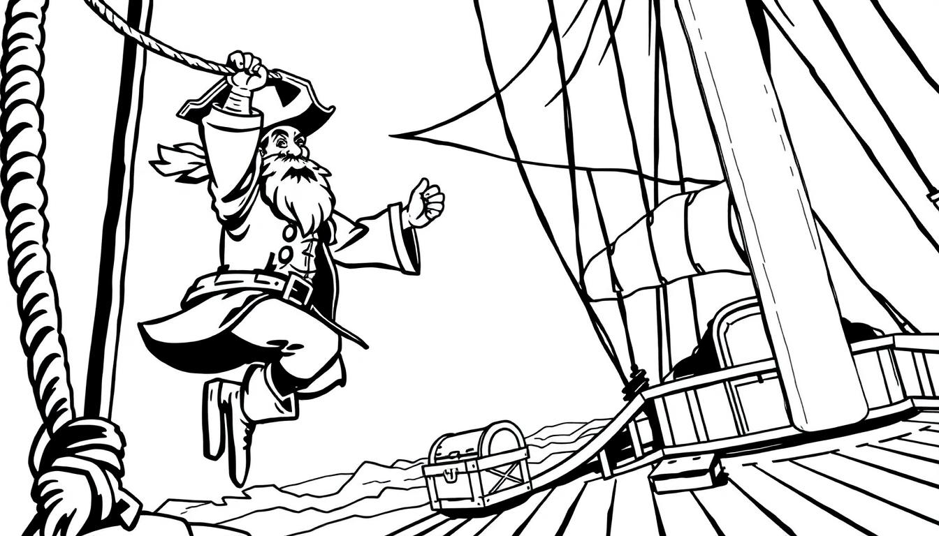 Kleurplaat van een piraat die aan een touw slingert om op een schip te landen.