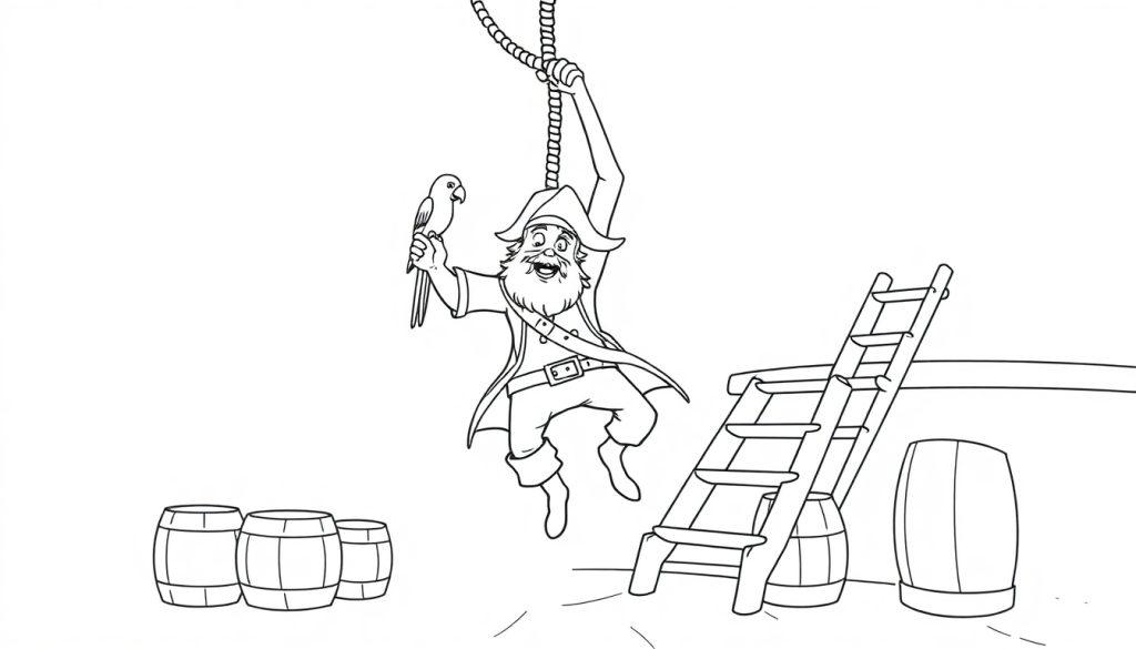 Kleurplaat van een vrolijke piraat met een baard die aan een touw slingert en een papegaai vasthoudt.