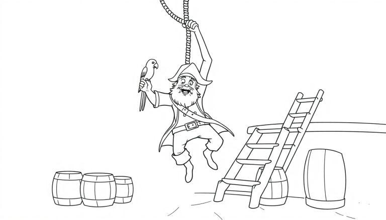 Kleurplaat van een vrolijke piraat met een baard die aan een touw slingert en een papegaai vasthoudt.