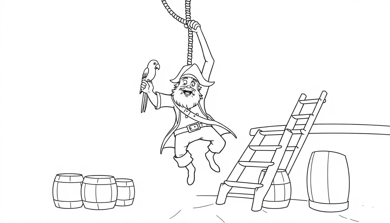 Kleurplaat van een vrolijke piraat met een baard die aan een touw slingert en een papegaai vasthoudt.