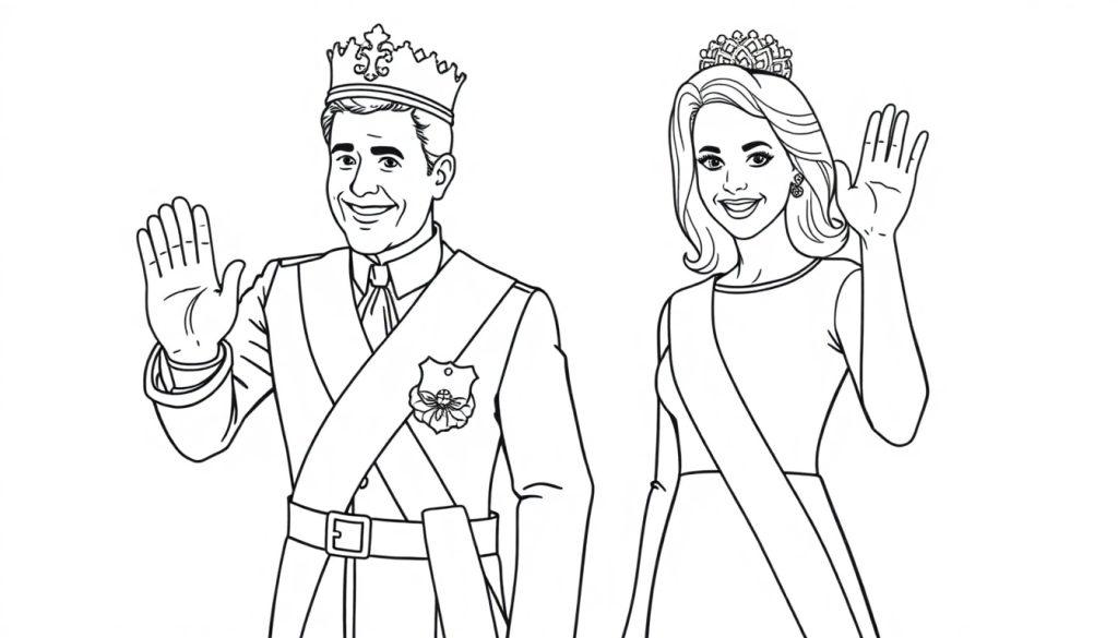 Kleurplaat van koning Willem-Alexander en koningin Máxima in koninklijke kleding.