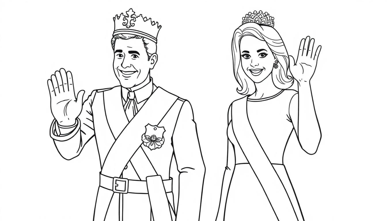 Kleurplaat van koning Willem-Alexander en koningin Máxima in koninklijke kleding.