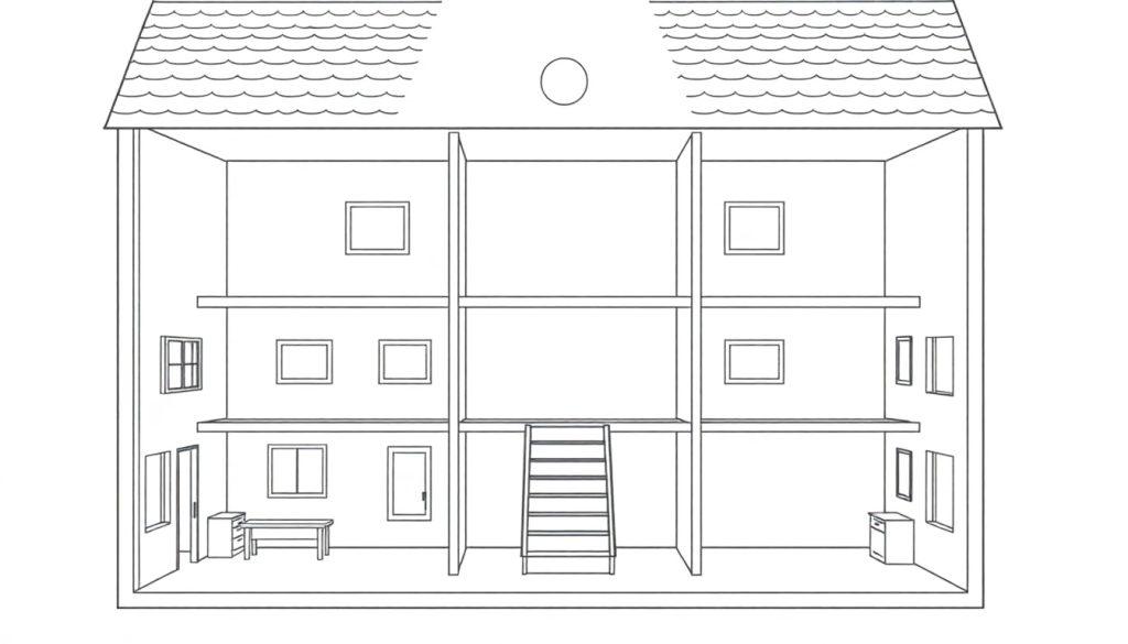 Een kleurplaat van een leeg poppenhuis met twee verdiepingen en een zolder, klaar om ingedeeld te worden.