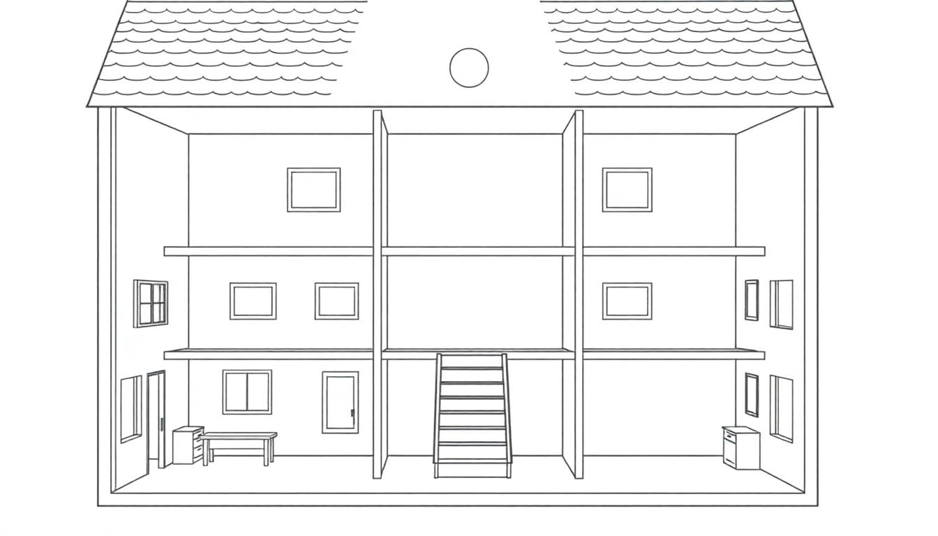 Een kleurplaat van een leeg poppenhuis met twee verdiepingen en een zolder, klaar om ingedeeld te worden.