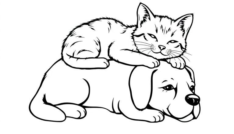 Kleurplaat van een kat die knuffelt met een hond.