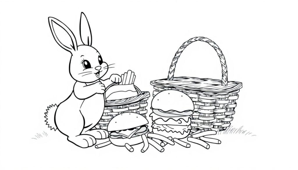 Kleurplaat van een schattig konijn met hamburgers en frietjes naast manden.