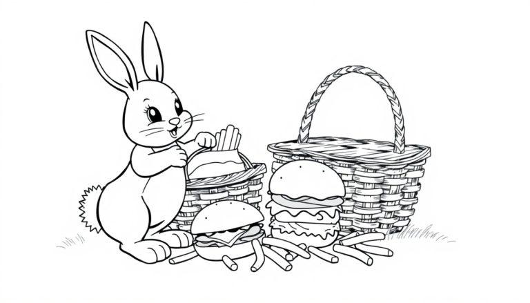 Kleurplaat van een schattig konijn met hamburgers en frietjes naast manden.