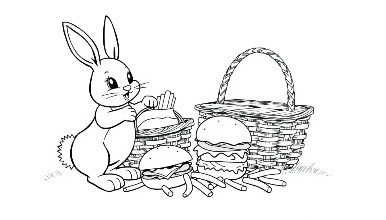 Kleurplaat van een schattig konijn met hamburgers en frietjes naast manden.