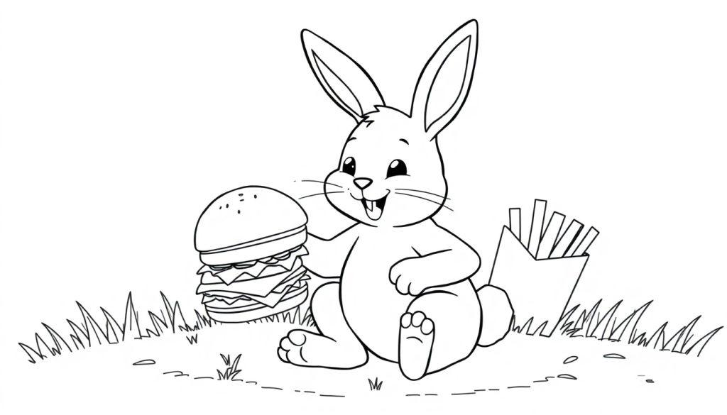 Kleurplaat van een vrolijk konijn met een hamburger en frietjes.