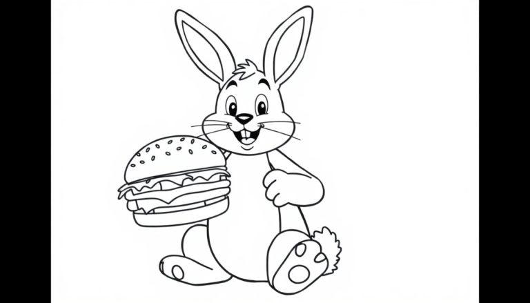 Kleurplaat van een vrolijk konijn met een hamburger.