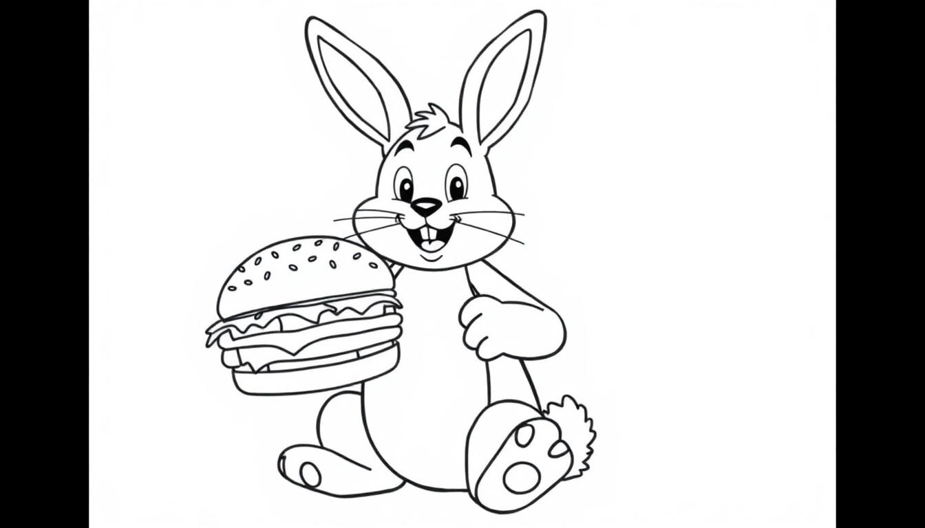 Kleurplaat van een vrolijk konijn met een hamburger.