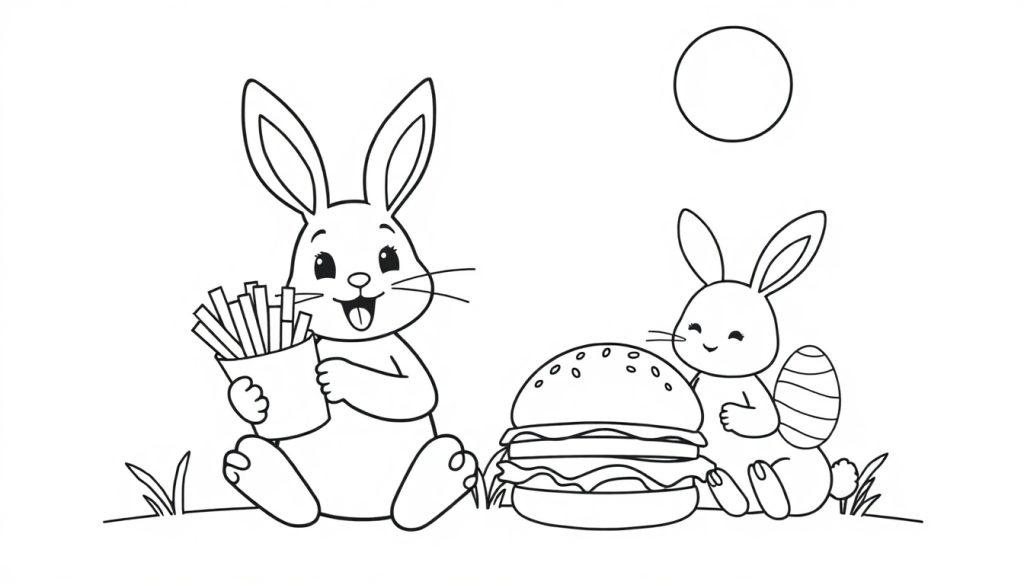 Zwart-wit kleurplaat van twee konijntjes. Eén houdt een bakje friet vast naast een hamburger, de ander heeft een versierd ei. Ze zitten samen op het gras onder de zon.