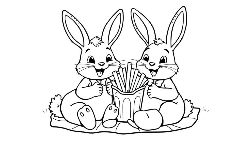 Kleurplaat van twee blije konijntjes die frietjes delen op een kleed.