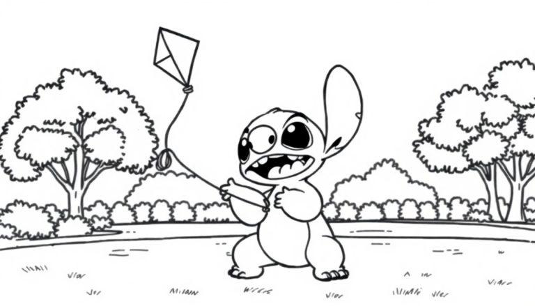 Kleurplaat van Stitch in een park, met een vlieger in zijn hand en een glimlach op zijn gezicht.
