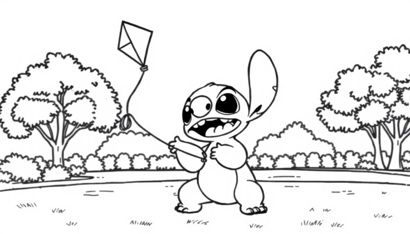 Kleurplaat van Stitch in een park, met een vlieger in zijn hand en een glimlach op zijn gezicht.