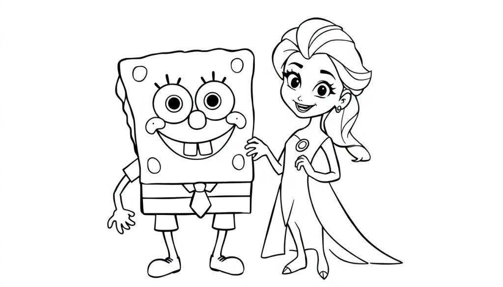 Kleurplaat van Spongebob en Elsa die samen lachen; Elsa legt vriendelijk een hand op Spongebob's schouder.