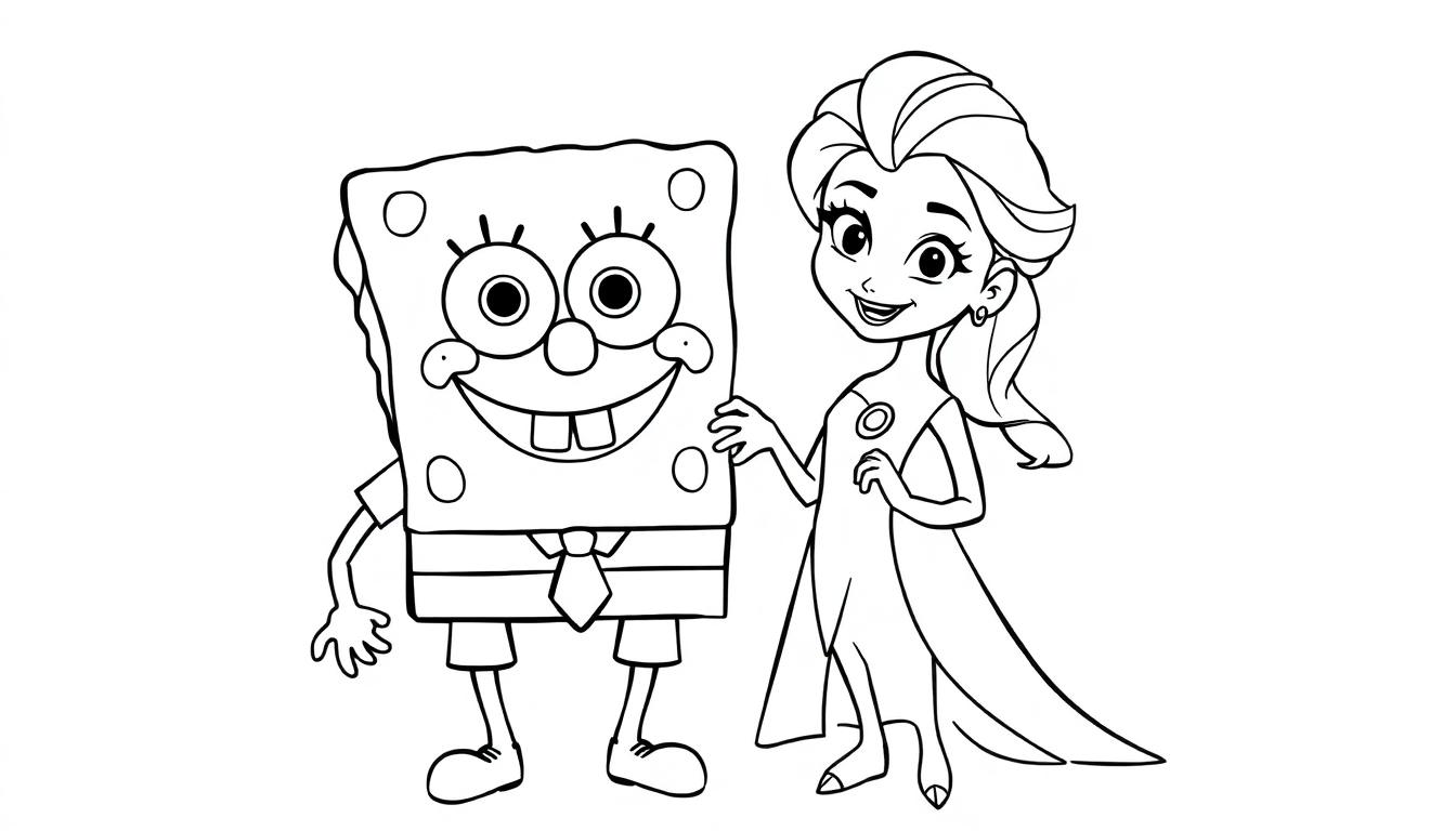 Kleurplaat van Spongebob en Elsa die samen lachen; Elsa legt vriendelijk een hand op Spongebob's schouder.