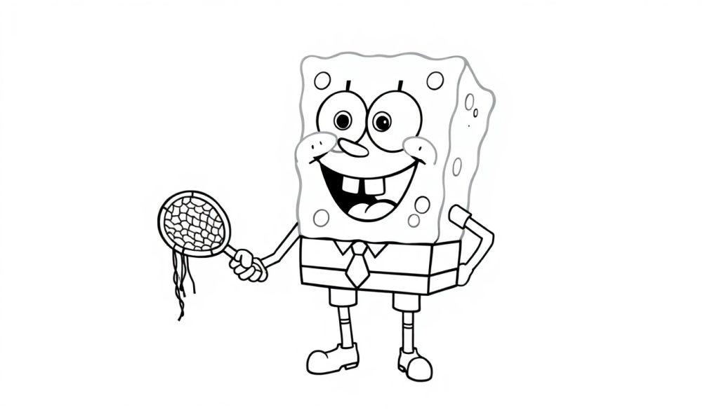 Een zwart-wit kleurplaat van Spongebob Squarepants met grote glimlach, schepnet en speelse houding.