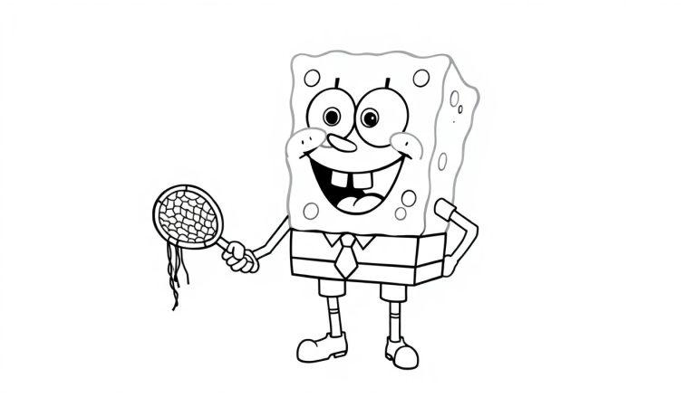 Een zwart-wit kleurplaat van Spongebob Squarepants met grote glimlach, schepnet en speelse houding.
