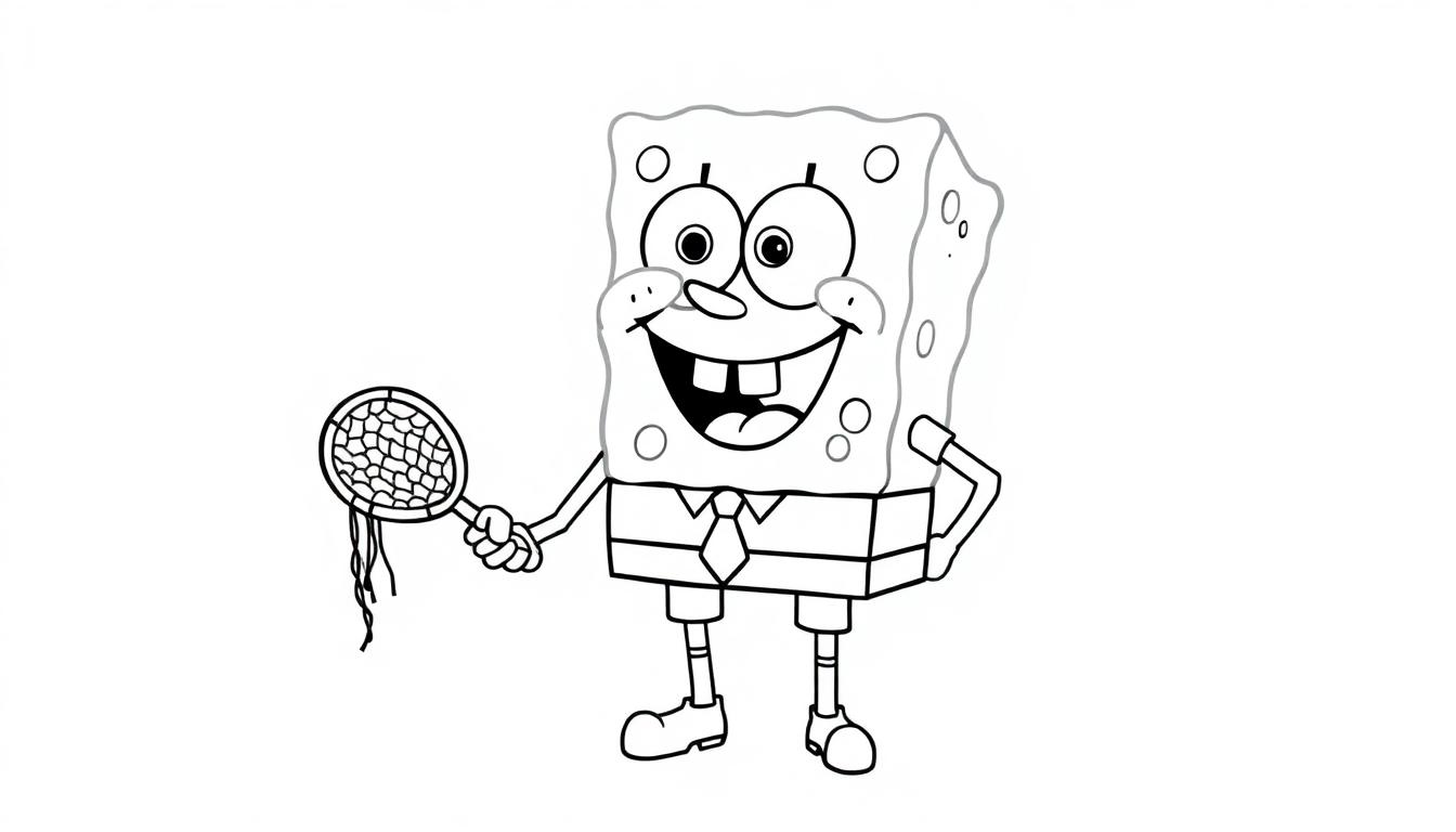 Een zwart-wit kleurplaat van Spongebob Squarepants met grote glimlach, schepnet en speelse houding.