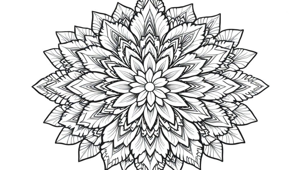 Zwart-witte mandala kleurplaat met patronen en bloemachtige vormen.