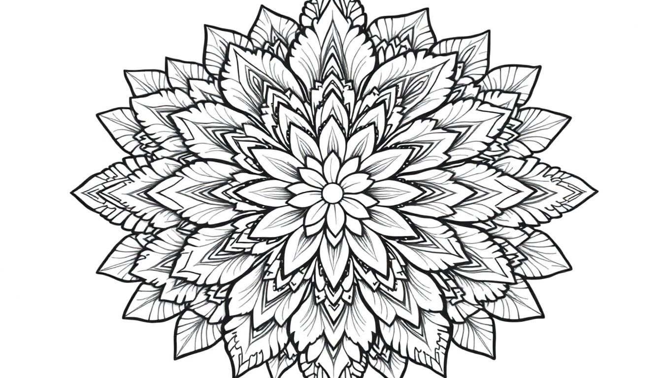 Zwart-witte mandala kleurplaat met patronen en bloemachtige vormen.